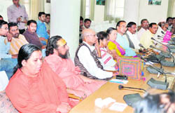 Madhya Pradesh ex-CM Uma Bharati, along with saints and social organisation representatives, at a meeting in Haridwar on Friday. 