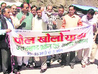 Members of the Uttarakhand Kranti Dal (Panwar group) take out a Pol khol yatra in Pitthoragarh on Friday.