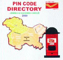The cover page of the pin code directory of the Department of Posts having a map of Jammu & Kashmir