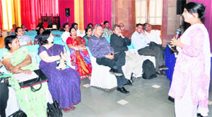 Dr Neelam Singh from Lucknow addresses a workshop on Let girls be born in Dehradun on Saturday.