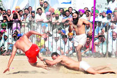Players in action during the kabaddi tournament in Zirakpur on Sunday.