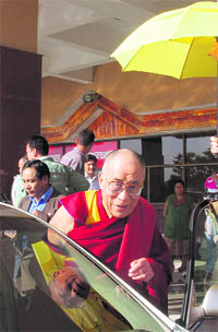 Tibetan spiritual leader Dalai Lama arrives at the Kangra airport on Sunday.