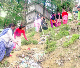 Members of the Vikas Nagar Mahila Mandal during a cleanliness campaign in Shimla on Sunday.