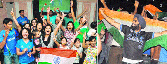 (3)  Even rain could not stop these fans from dancing on the city streets; (4)  Residents in a cheerful mood after the match concluded on Saturday.