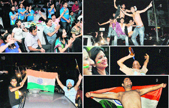 (5)  Residents watch the proceedings of the match on the big screen; (6)  Youths take their shirts off on the streets; (7)  A fan drinks beer; (8)  Two girls enjoy the action; (9)  A youth drapes himself in the Tricolour (10)  Fans display patriotic fervour.