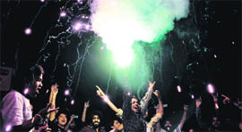 Youths burst crackers to celebrate Indias World Cup victory, in Ludhiana on Saturday night.