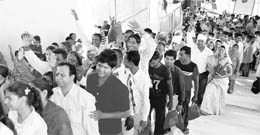 Devotees line up to pay obeisance at the Mata Mansa Devi temple in Panchkula on Monday. 