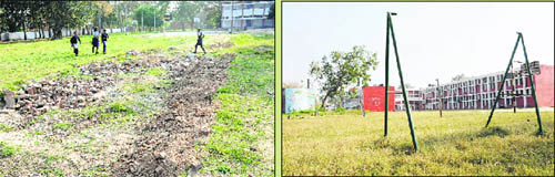 A dug-up ground at Government Senior Secondary School for Girls, Sector 18, is unfit for any sports activity; and (right) damaged sports infrastructure at GMSSS, Sector 10. 