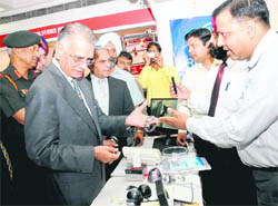 Governor Shivraj Patil at an exhibition on internal security in Chandigarh on Monday.