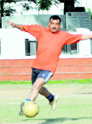 A match of the ONGC Inter-Departmental Football Tournament in progress in Dehradun on Monday.
