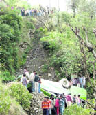 A bus that fell into a deep gorge at Koti village, 25 km from Chamba, on Monday.