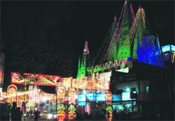 An illuminated Durga Mata Mandir, near Jagraon Bridge, as part of Navratra celebrations in Ludhiana