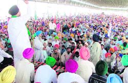 Activists of farmers bodies and trade unions attend a rally against black laws at the Grain Market in Ludhiana 