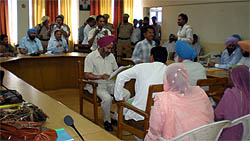 Congress councillors, led by Jagroop Singh Gill, holding a seperate meeting during the general house of the Municipal Corporation, Bathinda, on Tuesday.