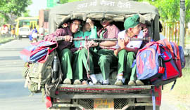 A jam-packed autorickshaw ferries children in Ludhiana in violation of a Supreme Court directive on Tuesday.