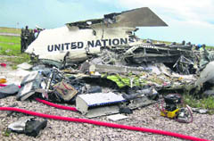 Wreckage of the UN plane that crashed in Kinshasa, Congo,