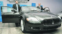Maserati Cars Managing Director Simone Nicolai (R) and Shreyans Group Chairman Ashish Chordia(L) at the unveiling of the Italian Maserati motor-car in New Delhi