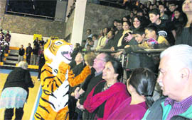 The mascot of the Woodstock School being cheered during the inauguration ceremony of the 11th All-India Inter-School Win Mumby Memorial Basketball Tournament in Mussoorie on Wednesday.