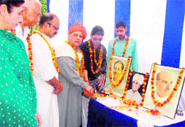 BJP leaders pay tributes to the founder leaders of the party on the occasion of the 32nd foundation day of the party in Jammu on Wednesday