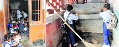 Students sit on the floor in a corridor due to shortage of space in a classroom of Government Primary School functioning out of four Chandigarh Housing Board flats in Mauli Jagran; and (right) A water point in Government Primary School, Number 1, Mani Majra, also serves as a store room for the sweepers broom. Students seem pouring water to drink water from taps also used by sweepers to wash their brooms.