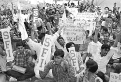 Polytechnic students from different colleges of the state gather to protest in front of the office of Director, Technical Education, Haryana, in Panchkula on Thursday. 