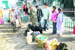Nepalese residents being frisked at Dharchula in Pitthoragarh district by SSB jawans.