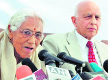 (Left) Ved Ghai, member of Shri Amarnath Shrine Board, addresses a press conference in Jammu