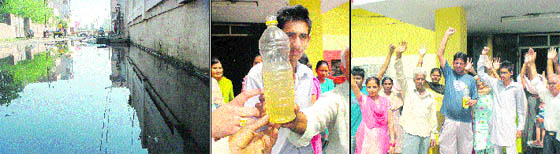 A file photo of stagnant sewer water at Lakkar Mandi in Doraha; (centre) a resident of ward number 11 shows a bottle of polluted potable water; and (right) residents stage a dharna in front of the Municipal Corporation office in Doraha