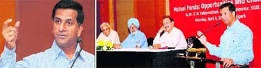(Left to right) Trustees of The Tribune Trust Lt Gen (retd) SS Mehta, Justice (retd) SS Sodhi, and Editor in-Chief, The Tribune Group of Publications, Raj Chengappa listen as SEBI Executive Director KN Vaidyanathan makes a point at The Tribune Talk in Chandigarh on Saturday. He spoke on Mutual Funds: Opportunities and Challenges