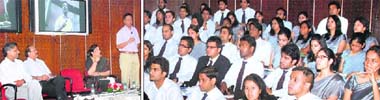 (Left to right) UBS Chairman Dinesh K Gupta, Raj Chengappa and faculty member Gunmala Suri at the UBS auditorium as KV Vaidyanathan interacts with students. Vaidyanathan spoke on Vision and Challenges before the Regulator
