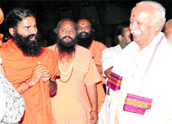 RSS National Chief Mohan Rao Bhagwat and Baba Ramdev at the Patanjali Yogpeeth in Haridwar on Thursday night