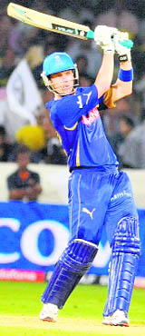 Rajasthan Royals Johan Botha hits the winning shot against Deccan Chargers at the Rajiv Gandhi International Stadium in Hyderabad on Saturday. Royals won the match by eight wickets.