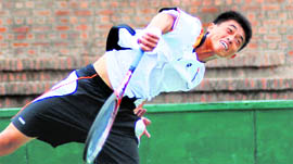 Chung Su Chen of Taipei in action during the ITF mens circuit tennis qualifying round match at CLTA, Sector 10, in Chandigarh on Sunday.