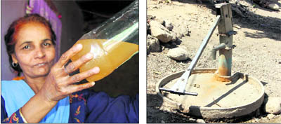 A woman shows contimanted water being received in her area through taps and; (right) a dry hand pump in the Arya Nagar area of Dehradun