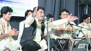 Sufi singer Javed Bashir performs during a programme, organised by the Punjabi Jagriti Manch, in Jalandhar on Saturday.