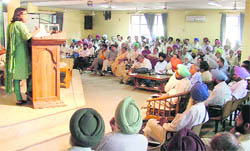 Prof Nandani Sunder from Delhi School of Economics addresses a convention of the Democratic Front Against Operation Green Hunt in Ludhiana on Sunday.