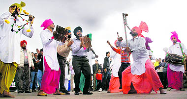 Artistes from Punjab perform bhangra on the Ridge in Shimla on Monday.