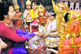 BLESSED ONES: Little girls being presented gifts on the occasion of kanjak pujan in Ludhiana on Monday