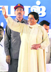 BSP chief and UP Chief Minister Mayawati waves to the crowd at an election rally in Chennai.
