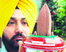 Dr Harwinder Singh Gill shows his creation (a replica of the Jallianwala Bagh memorial) to pay tributes to the martyrs of the massacre of 1919.