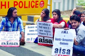 Members of AISA sit on dharna to protest against the suspension of 500 students from examinations in Jamia Milia, at Jantar Mantar in New Delhi on Tuesday