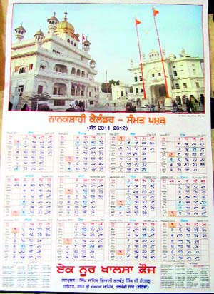 A copy of the original version of the Nanakshahi calendar which is to be released by the Ek Noor Khalsa Fauj on Baisakhi at Talwandi Sabo. 