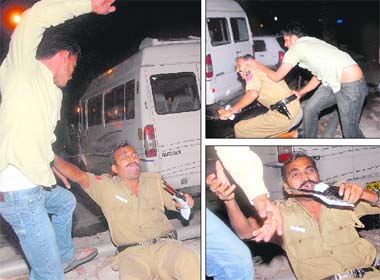 (Clockwise) A drunk youth thrashes head constable Darshan Kumar after he stopped a youth from forcing a liquor vend to open at 1.45 am in Sector 22 on Wednesday; another youth pulls the service belt of the cop before smashing his head against a barbed wire and later on the ground; and Darshan Kumar yells for help on his walkie-talkie. The other police personnel accompanying him fled the scene when the situation took an ugly turn