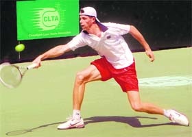 Mark Alexender Kepler of Germany makes a forehand return during the Union Bank itf Men's Futures Tennis Tournament at the clta in Sector 10, Chandigarh, on Wednesday