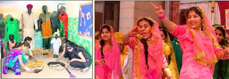 Students of Pinnacle Institute of Fashion Technology prepare for the harvest festival ahead of Baisakhi; and (right) girls perform during a cultural programme at Green Land School in Ludhiana on Wednesday