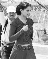 Bollywood actor Bipasha Basu during the shooting of Hollywood Director Ronald Joffes film 'Singularity on the premises of the world famous cenotaphs in heritage city Orchha, Tikamgarh 
