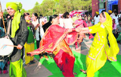 Girls perform gidda at a Baisakhi mela at Punjab Kala Bhavan.