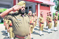 Layal Baljinder Singh, fire officer, salutes at the Fire Services Day function at the Fire Service headquarters, Sector 17, Chandigarh, on Thursday.