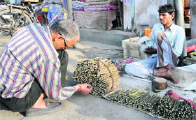 A roadside vendor sells acacia and neem datun at Committee Chowk in Karnal.