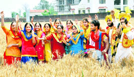 Boys and girls dressed in traditional Punjabi clothes dance on the beats of a dhol on the occasion of Baisakhi in Jalandhar